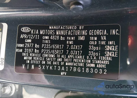 2011 Kia Sorento Lx z USA, uszkodzony, nr VIN 5XYKT3A17BG183032